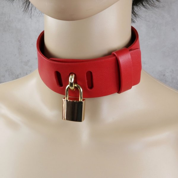 Breites rotes Echtleder Halsband mit Schloß